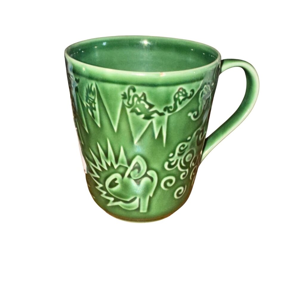 Green Ceramic Mug With Embossed Tribal Designs - 4.5" Tall & 3.5" Diameter